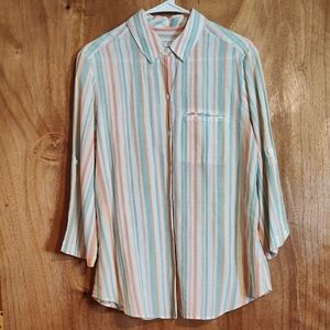 Foxcroft NYC Pastel Striped Blouse Mint Coral Convertible Sleeve Tencel Linen 14